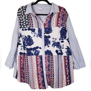 Allison Daley Blue Red Striped Floral Paisley Button Up Blouse Top Size 24W